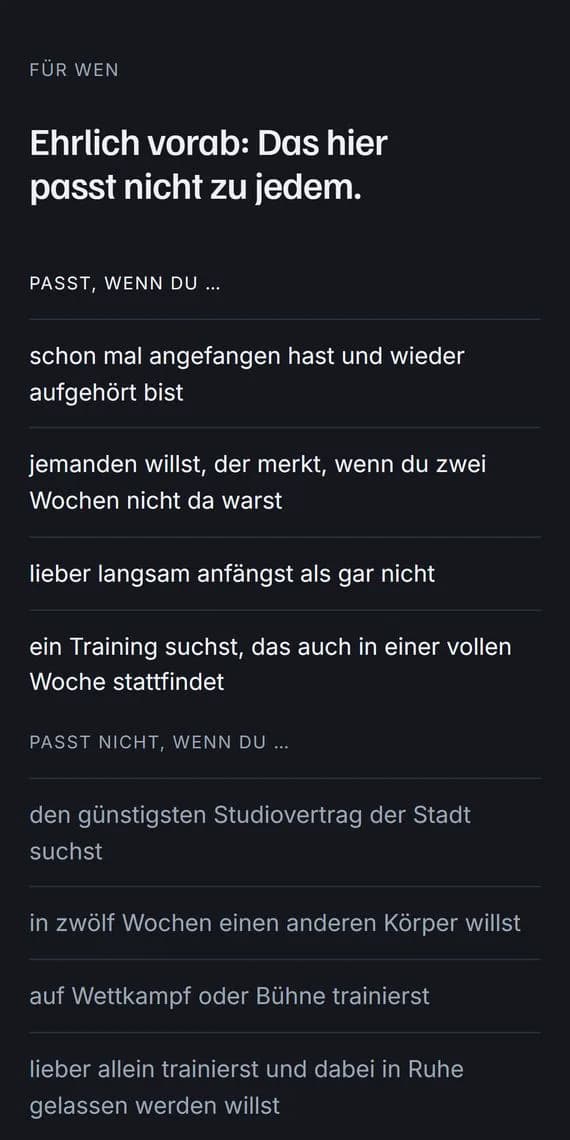 Handy-Ausschnitt der Sektion „Für wen“ mit den Listen „Passt, wenn du“ und „Passt nicht, wenn du“